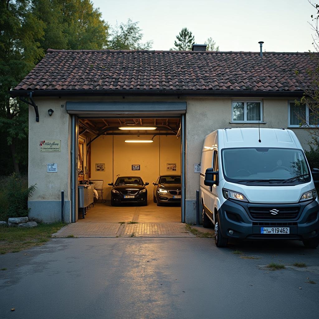 Vstup do autoservisu s dodávkou pred dielňou